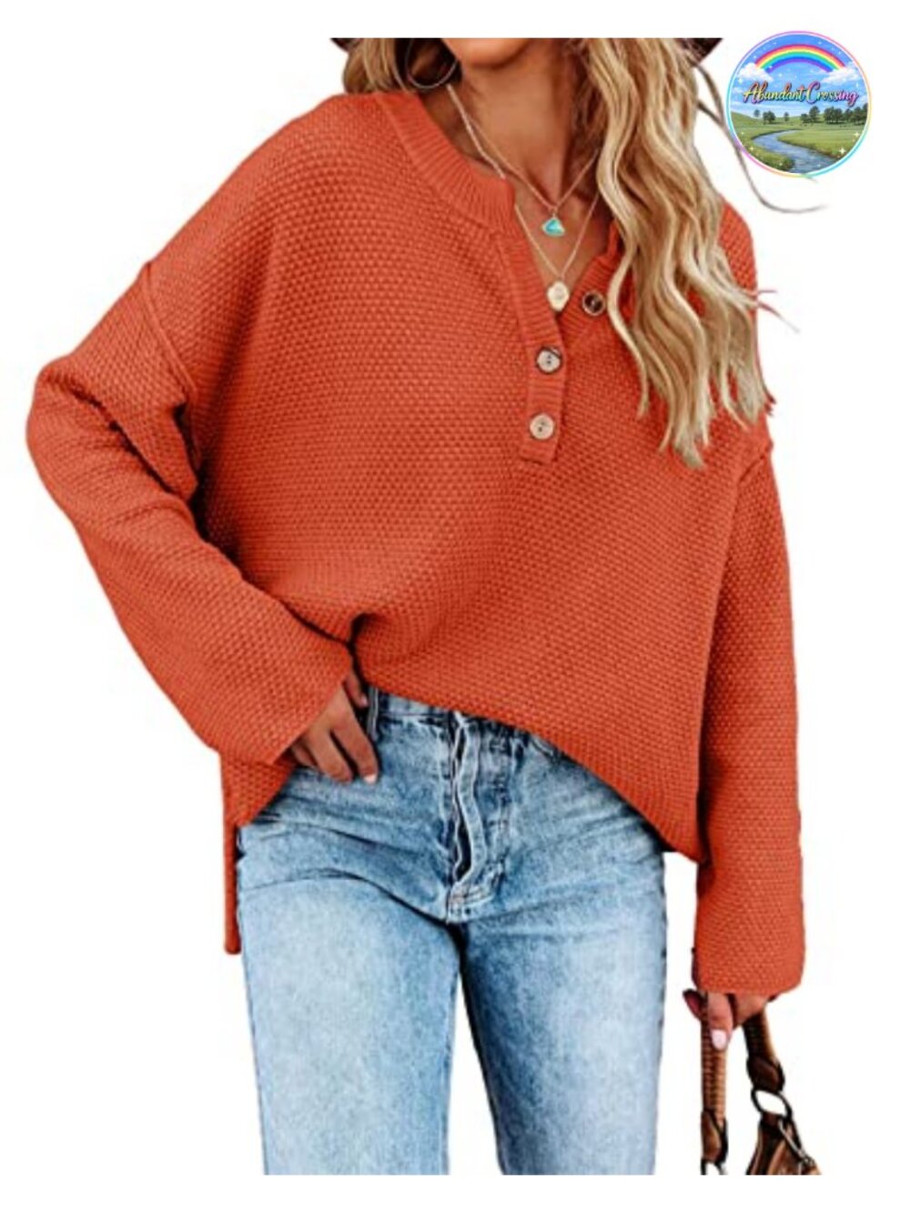 Oversized V Neck Button Knit Pullover Sweater Long Sleeve